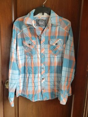 Buckle BKE Men's Blue & Orange Plaid Casual Button-Down Shirt - Size M